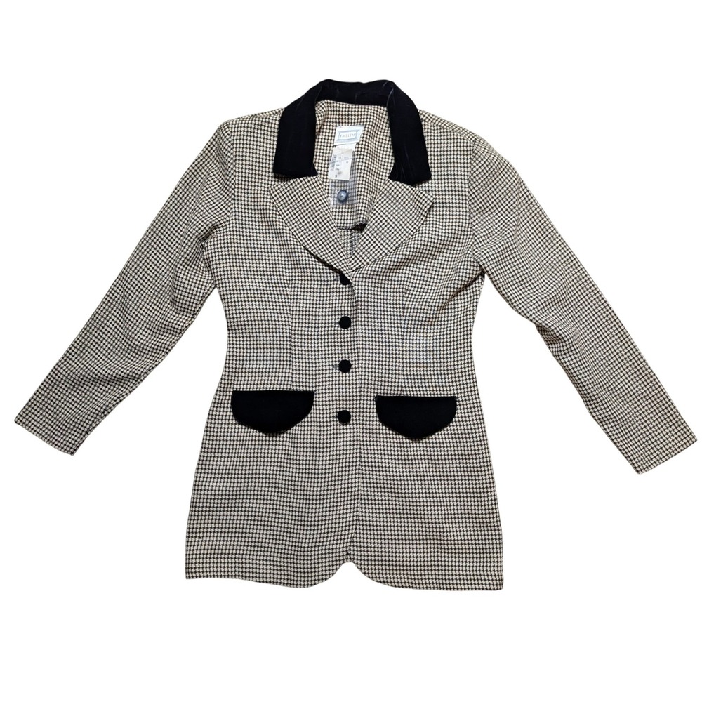 Vintage Deadstock Emblem Women's 9 Cream Black Houndstooth Blazer Shoulder Pads